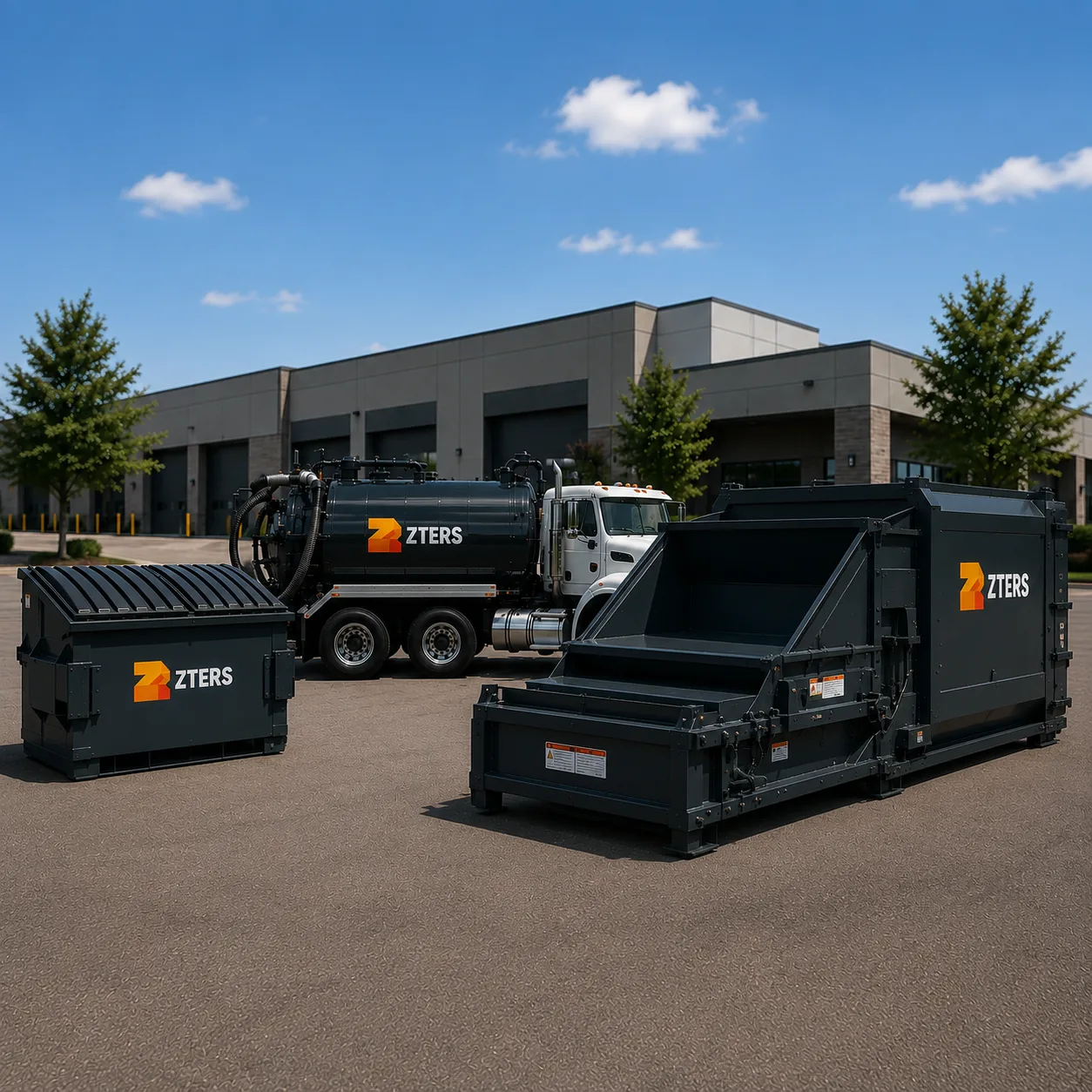 ZTERS front-load dumpster, compactor, and vacuum truck outside a commercial facility