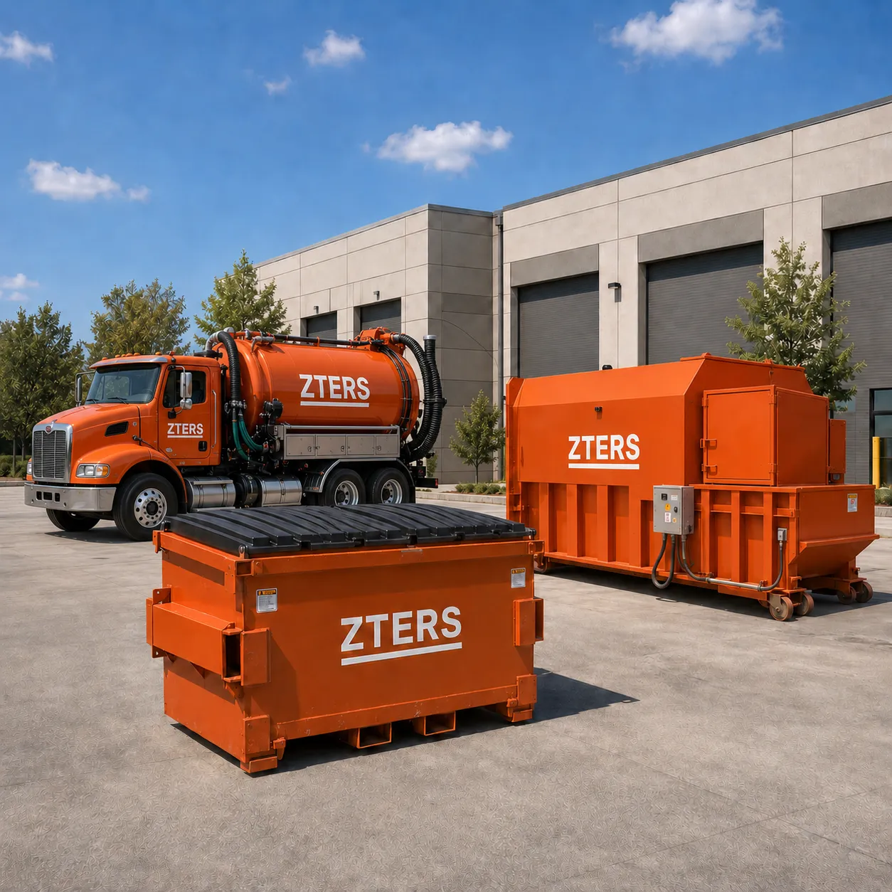 ZTERS front-load dumpster, compactor, and vacuum truck outside a commercial facility